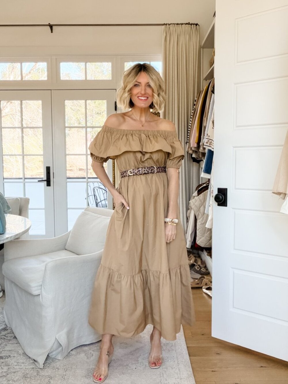 Loft Poplin Ruffle Off The Shoulder Maxi Pocket Dress